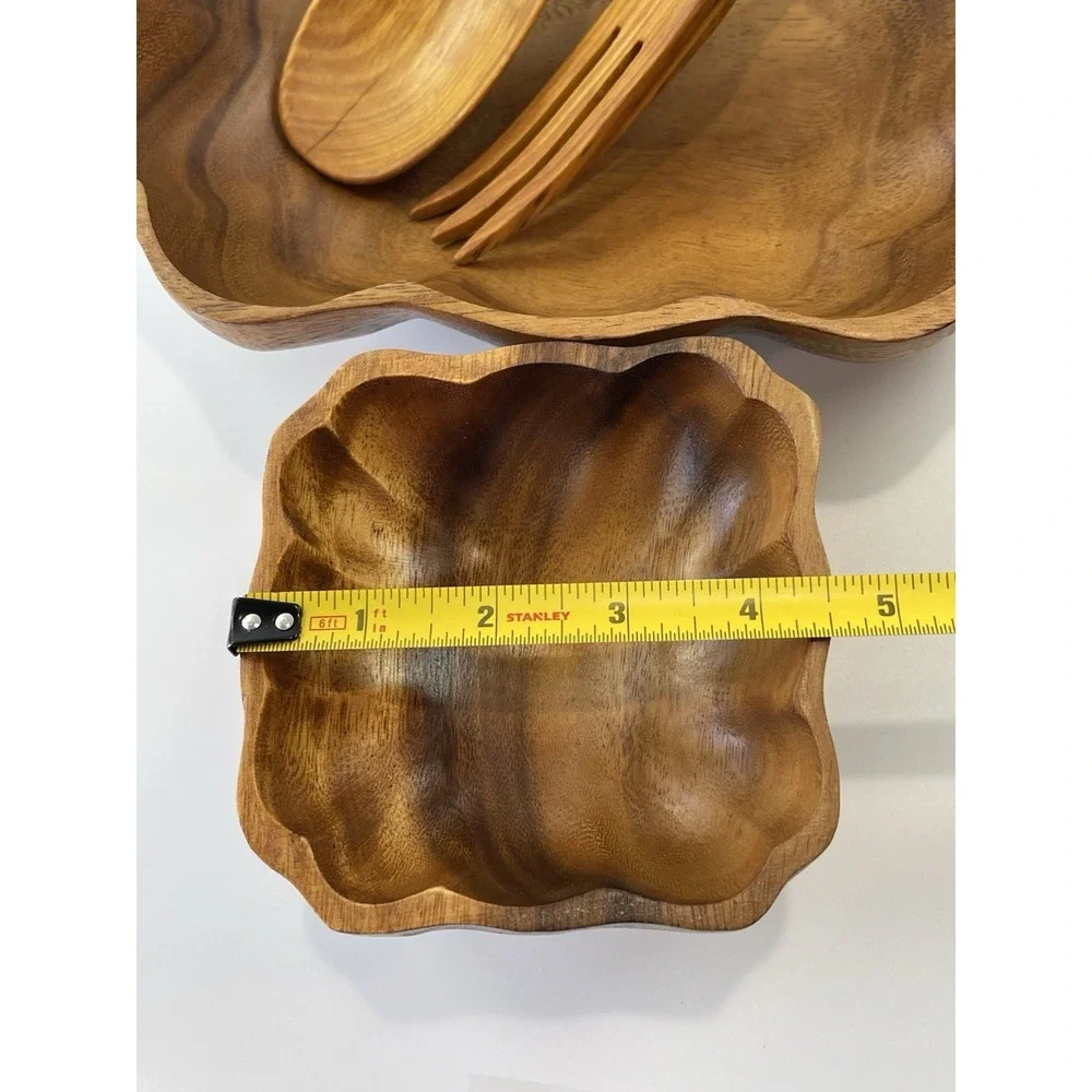 Vintage Monkey Pod Hand Carved Wooden Acacia Salad Bowl Set Serving Utensils